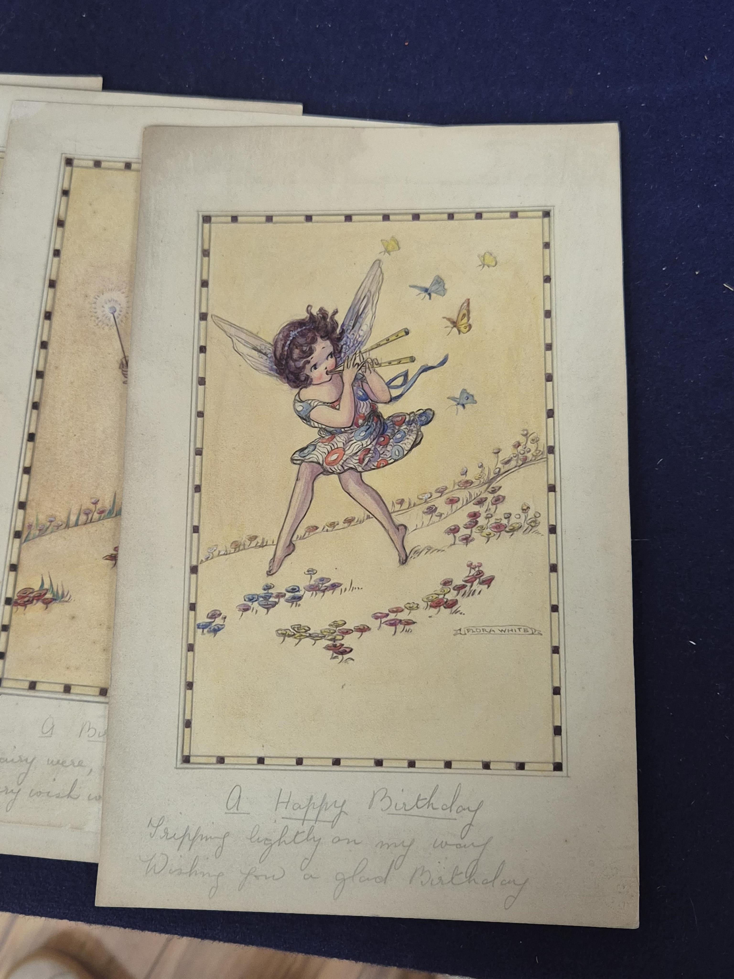 Flora White (Early 20th. C), Set of six original watercolours for children's birthday cards, Flower Fairies, each signed, inscribed in pencil, 23 x 14cm